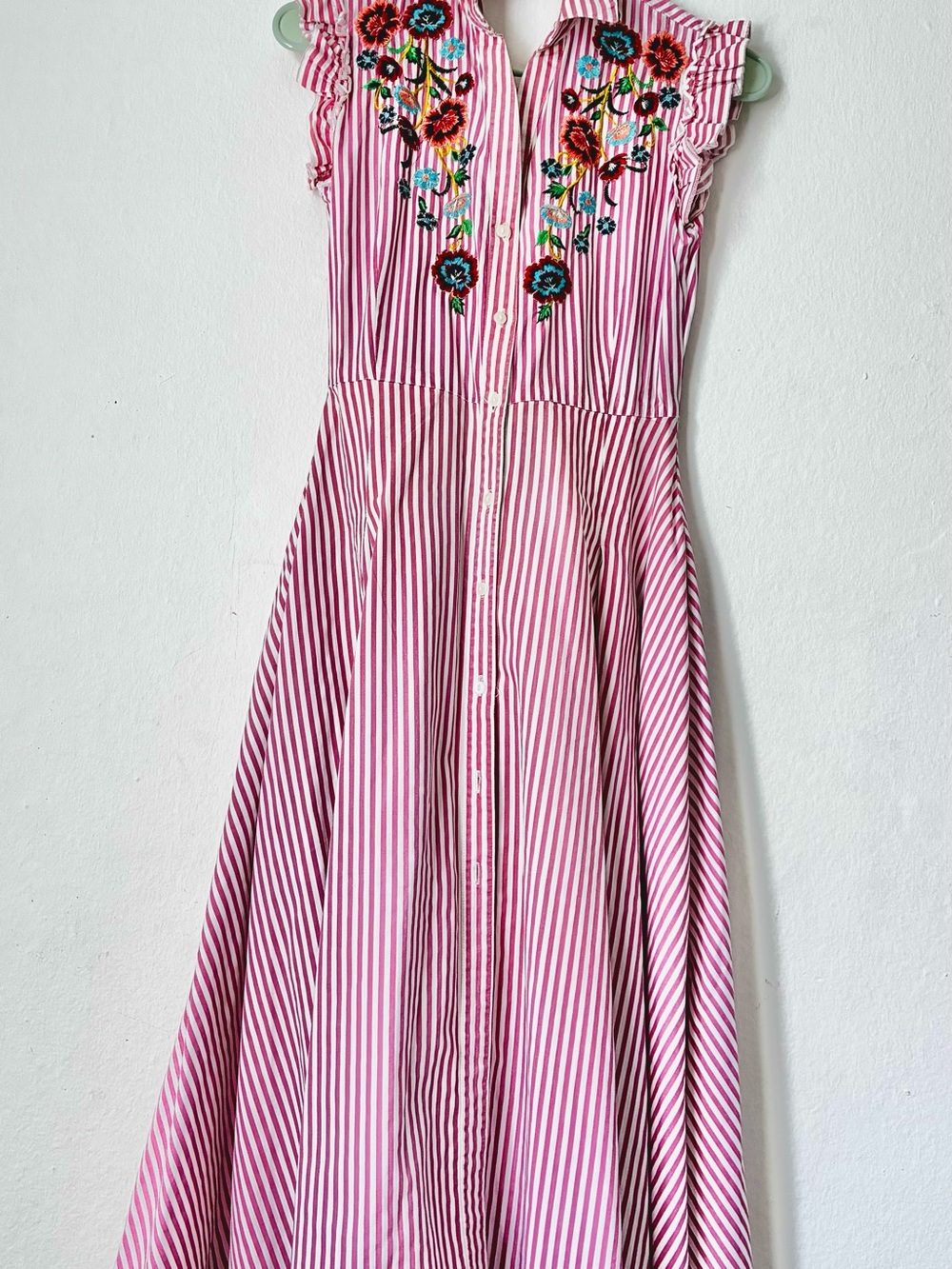 Zara Embroidered Striped Midi Dress XS Cotton Pink Button Front Pockets
